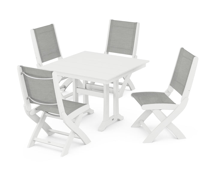 POLYWOOD® Coastal Folding Side Chair 5-Piece Farmhouse Dining Set With Trestle Legs