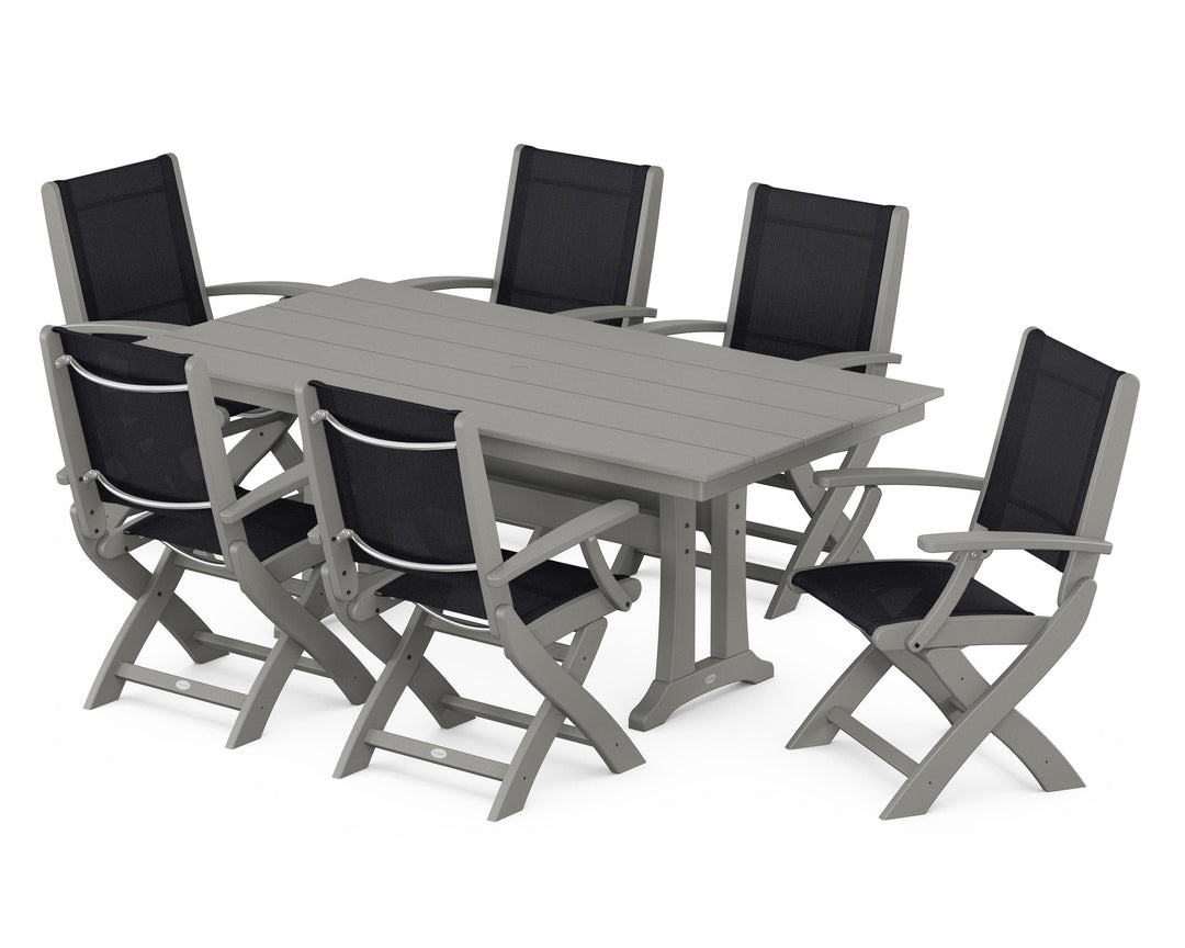 POLYWOOD® Coastal Folding Arm Chair 7-Piece Farmhouse Dining Set with Trestle Legs