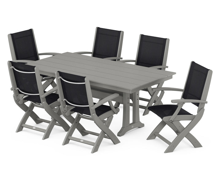 POLYWOOD® Coastal Folding Arm Chair 7-Piece Farmhouse Dining Set with Trestle Legs