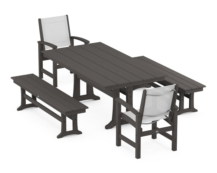 POLYWOOD® Coastal 5-Piece Farmhouse Dining Set with Trestle Legs and Benches