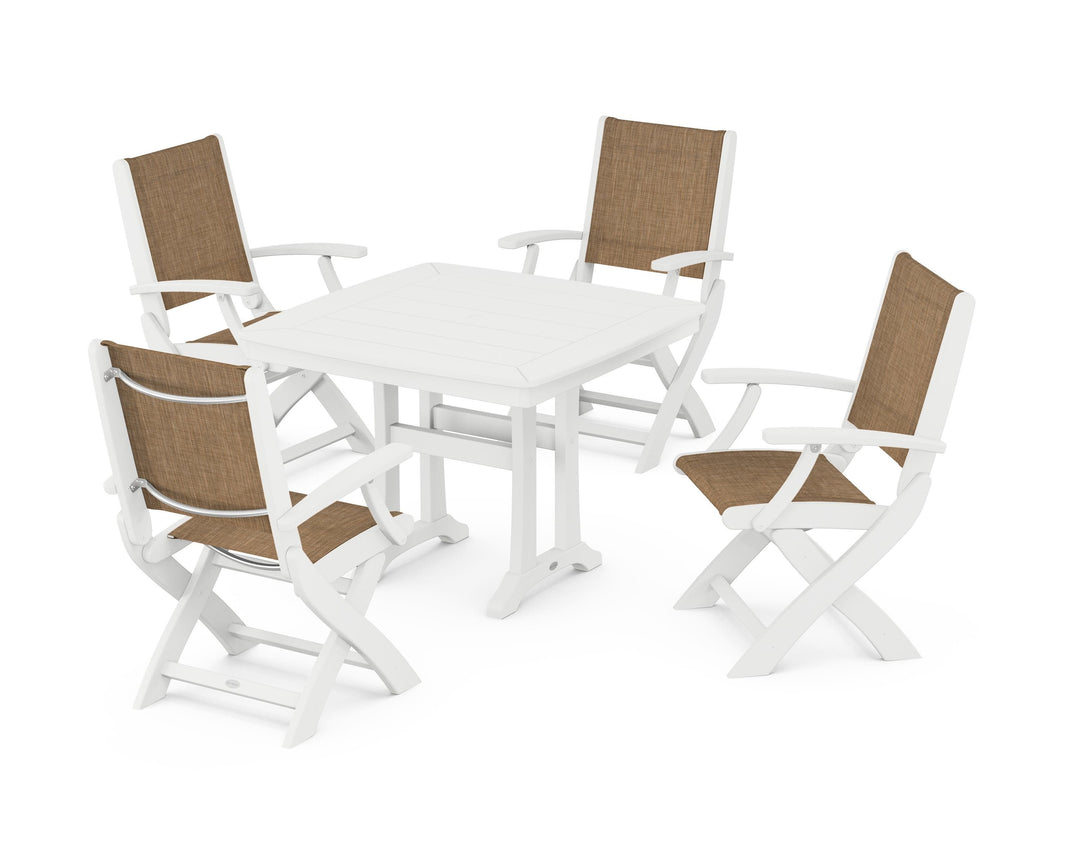 POLYWOOD® Coastal Folding Chair 5-Piece Dining Set with Trestle Legs