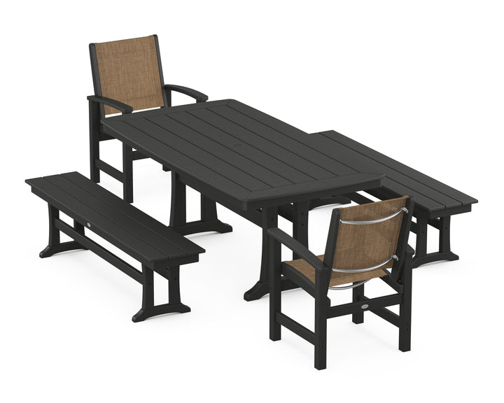 POLYWOOD® Coastal 5-Piece Dining Set with Trestle Legs and Benches