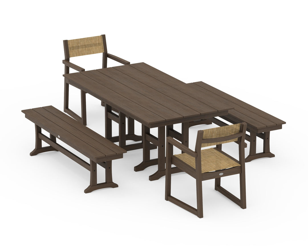 POLYWOOD® EDGE Sling Arm Chair 5-Piece Farmhouse Dining Set with Benches