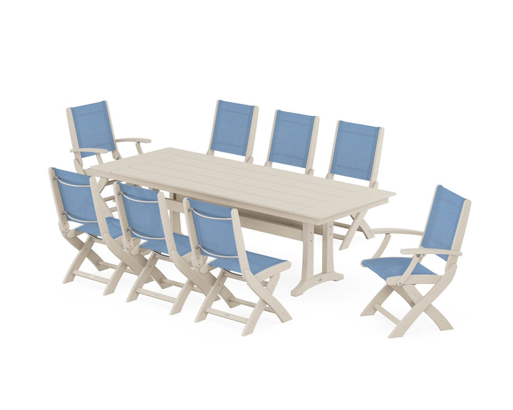 POLYWOOD® Coastal 9-Piece Folding Dining Chair Farmhouse Dining Set with Trestle Legs