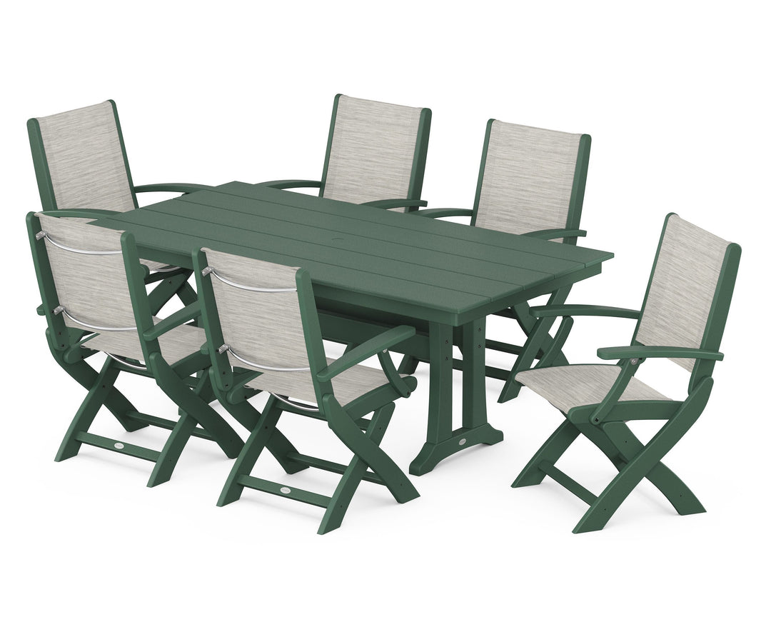 POLYWOOD® Coastal Folding Arm Chair 7-Piece Farmhouse Dining Set with Trestle Legs