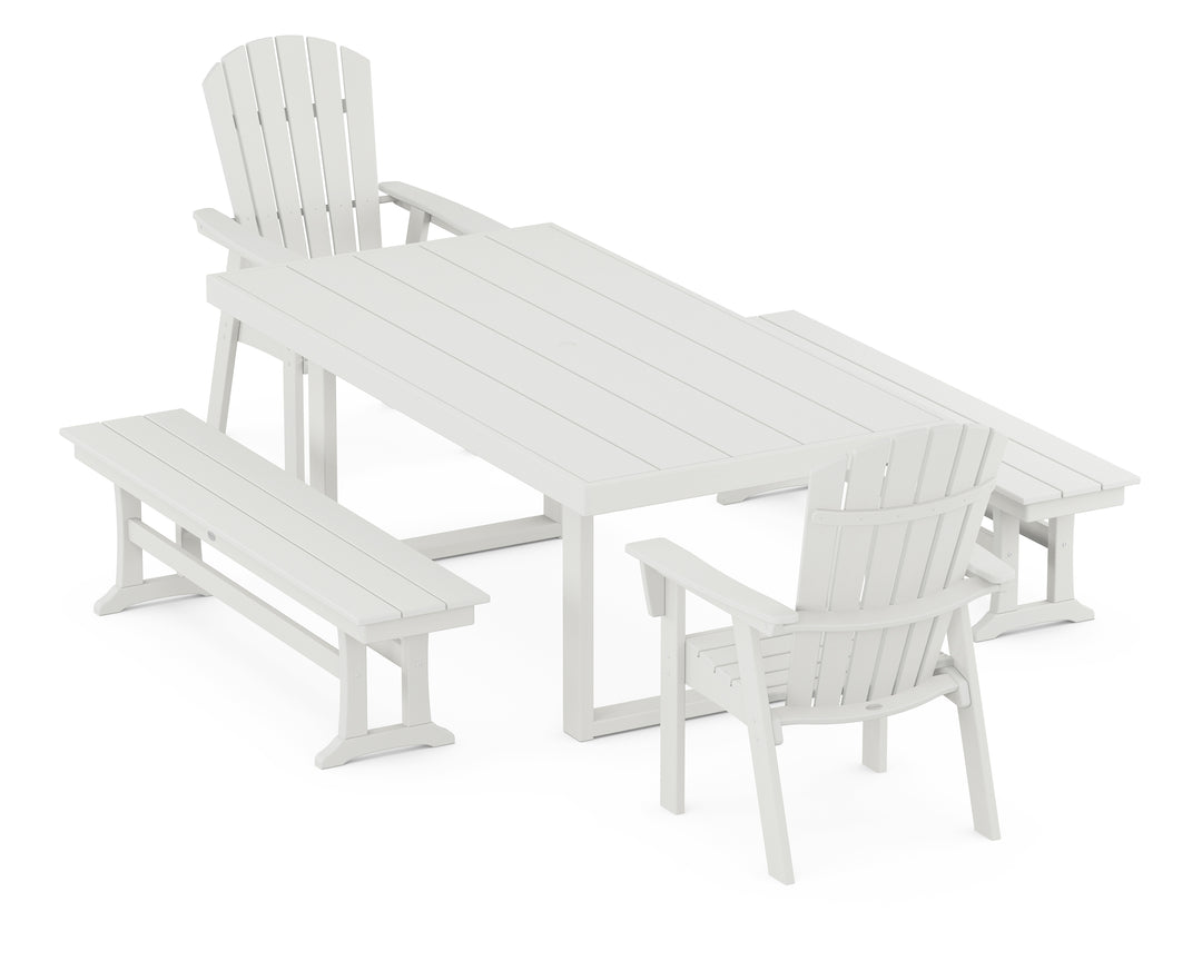 POLYWOOD® Nautical Curveback Adirondack 5-Piece Dining Set with Benches