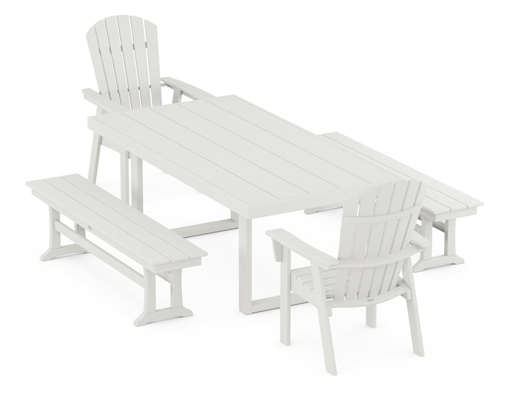 POLYWOOD® Nautical Curveback Adirondack 5-Piece Dining Set with Benches