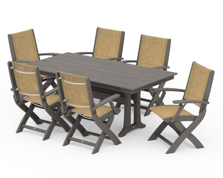 POLYWOOD® Coastal Folding Arm Chair 7-Piece Farmhouse Dining Set with Trestle Legs