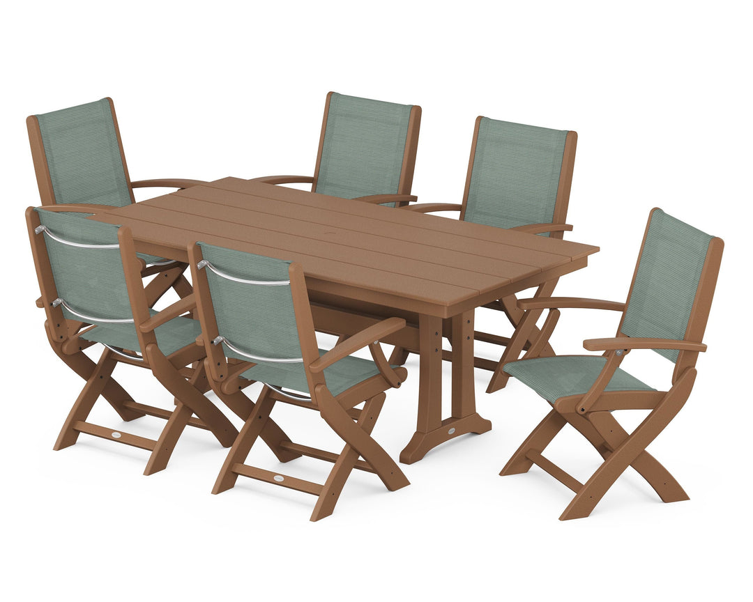 POLYWOOD® Coastal Folding Arm Chair 7-Piece Farmhouse Dining Set with Trestle Legs