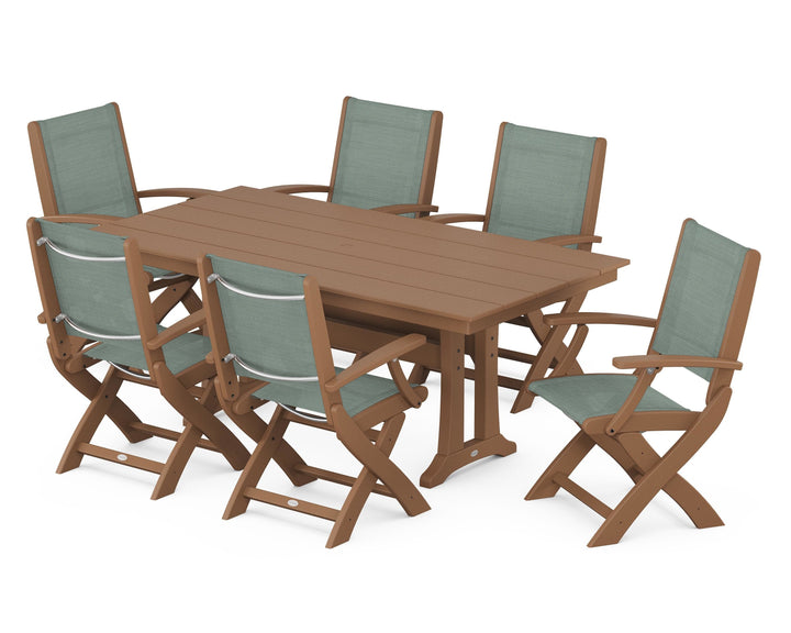 POLYWOOD® Coastal Folding Arm Chair 7-Piece Farmhouse Dining Set with Trestle Legs