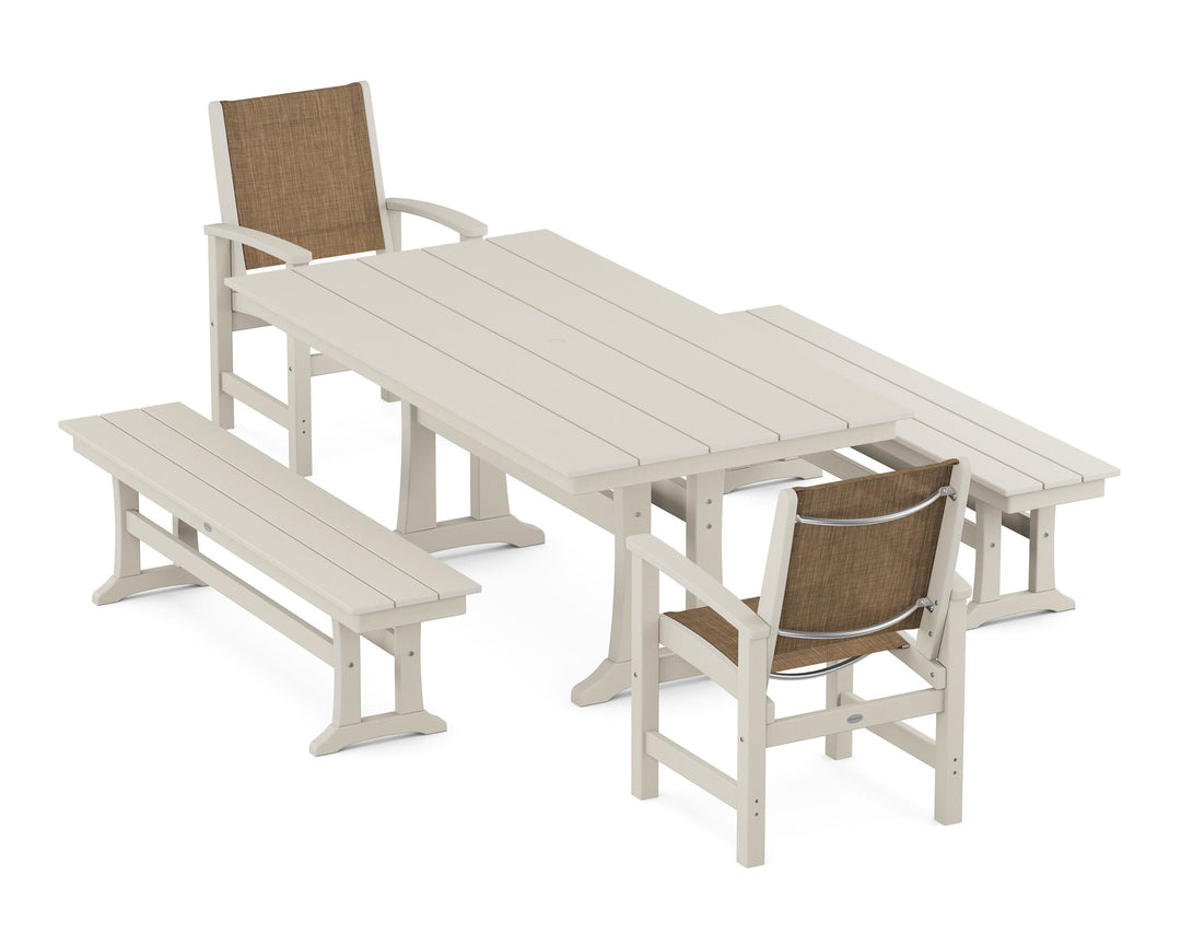 POLYWOOD® Coastal 5-Piece Farmhouse Dining Set with Trestle Legs and Benches
