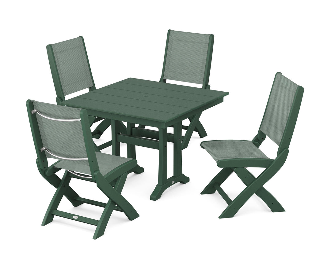 POLYWOOD® Coastal Folding Side Chair 5-Piece Farmhouse Dining Set With Trestle Legs