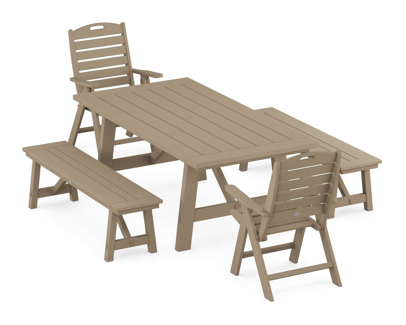 Nautical Folding Highback Chair 5-Piece Rustic Farmhouse Dining Set With Benches