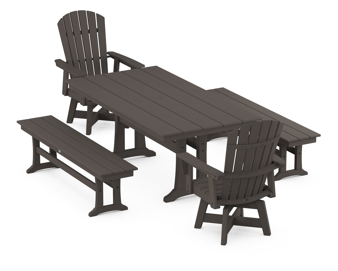 POLYWOOD® Nautical Curveback Adirondack Swivel Chair 5-Piece Farmhouse Dining Set With Trestle Legs and Benches