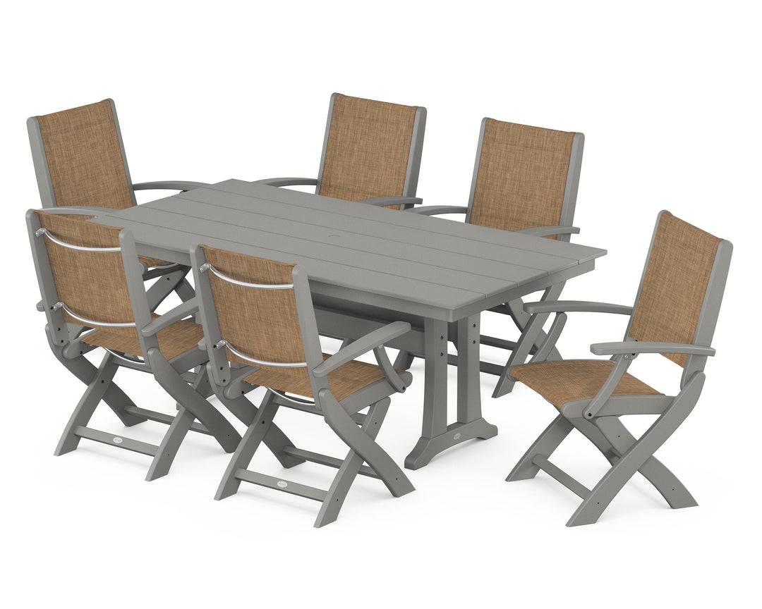 POLYWOOD® Coastal Folding Arm Chair 7-Piece Farmhouse Dining Set with Trestle Legs