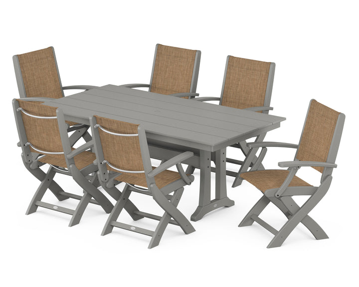 POLYWOOD® Coastal Folding Arm Chair 7-Piece Farmhouse Dining Set with Trestle Legs