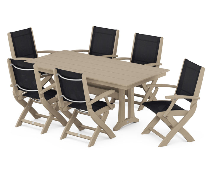 POLYWOOD® Coastal Folding Arm Chair 7-Piece Farmhouse Dining Set with Trestle Legs