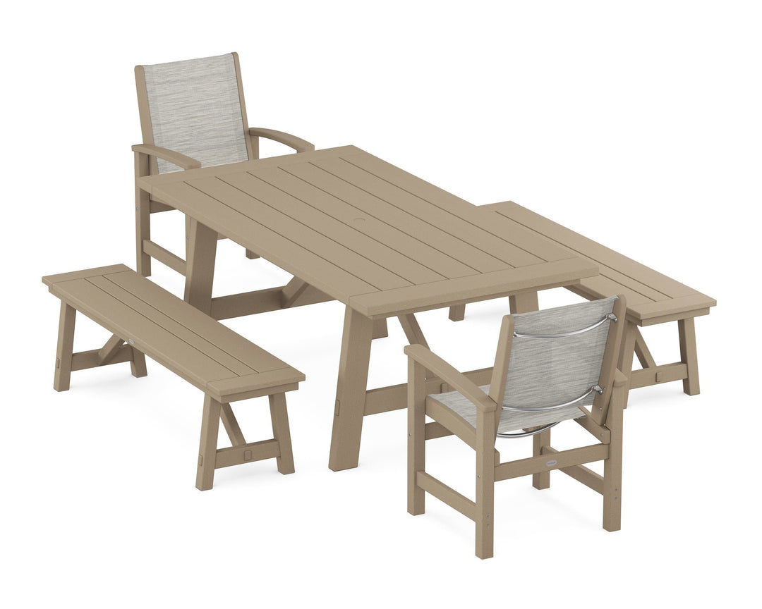POLYWOOD® Coastal 5-Piece Rustic Farmhouse Dining Set With Benches