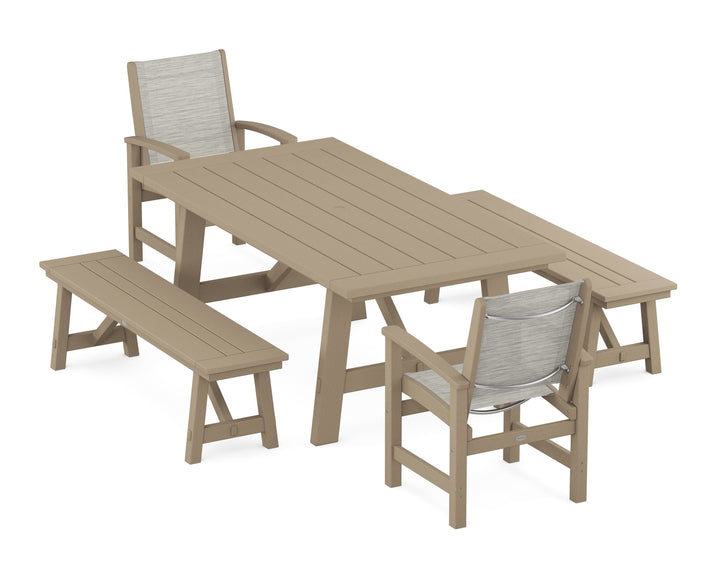 POLYWOOD® Coastal 5-Piece Rustic Farmhouse Dining Set With Benches