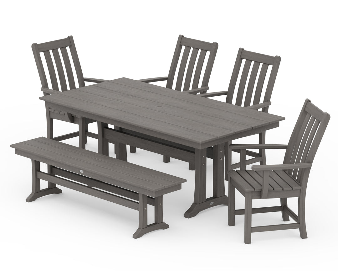 POLYWOOD® Vineyard 6-Piece Arm Chair Farmhouse Dining Set with Trestle Legs and Bench