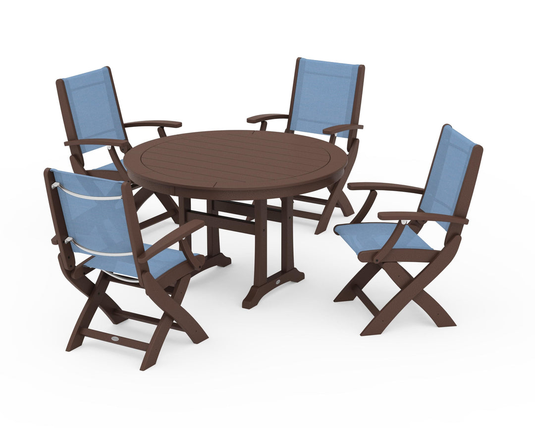 POLYWOOD® Coastal Folding Chair 5-Piece Round Dining Set with Trestle Legs