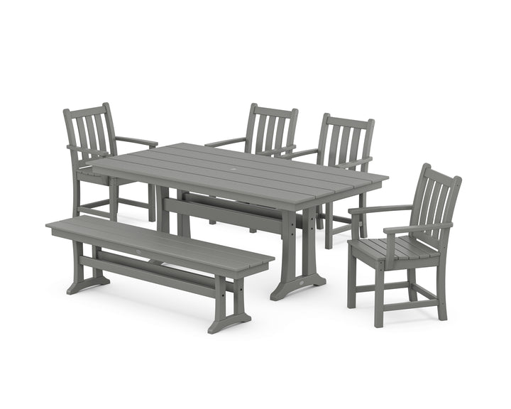 POLYWOOD® Traditional Garden Arm Chair 6-Piece Farmhouse Dining Set with Trestle Legs and Bench