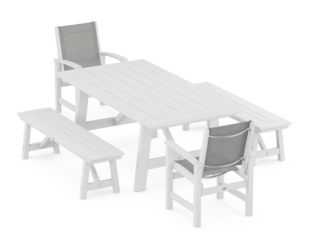 POLYWOOD® Coastal 5-Piece Rustic Farmhouse Dining Set With Benches