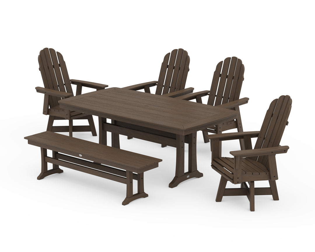 POLYWOOD® Vineyard Curveback Adirondack Swivel Chair 6-Piece Dining Set with Trestle Legs and Bench