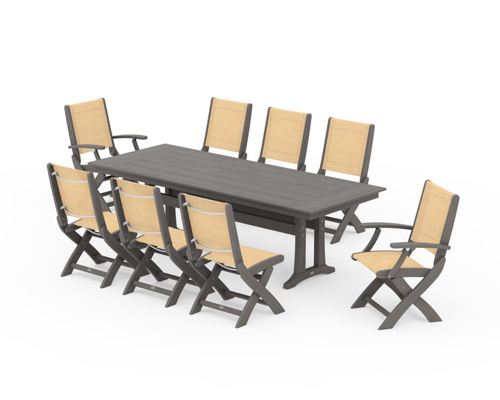 POLYWOOD® Coastal 9-Piece Folding Dining Chair Farmhouse Dining Set with Trestle Legs