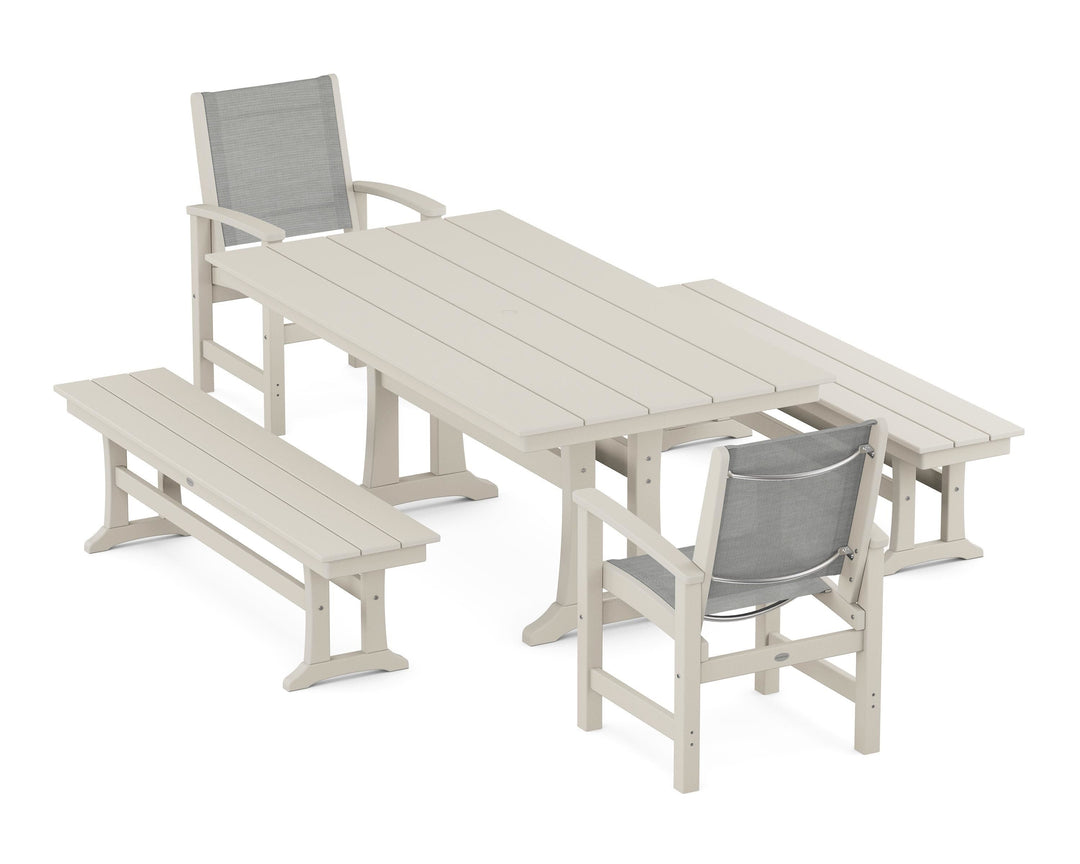 POLYWOOD® Coastal 5-Piece Farmhouse Dining Set with Trestle Legs and Benches