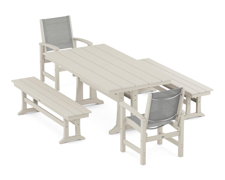 POLYWOOD® Coastal 5-Piece Farmhouse Dining Set with Trestle Legs and Benches