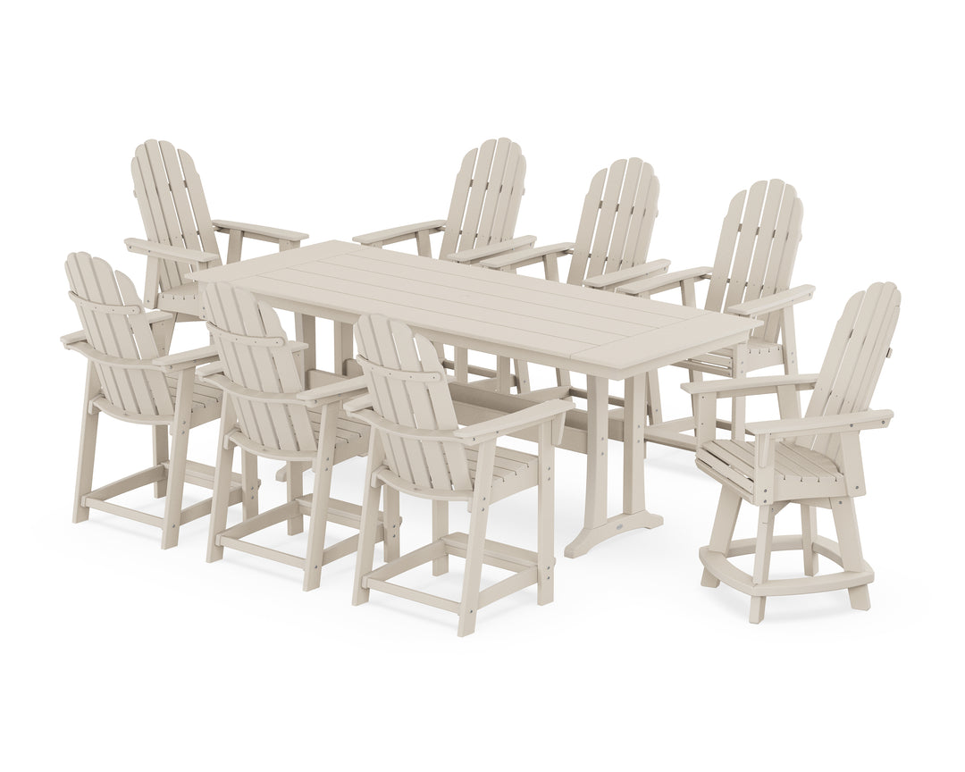 POLYWOOD® Vineyard Curveback Adirondack Swivel 9-Piece Farmhouse Counter Set with Trestle Legs