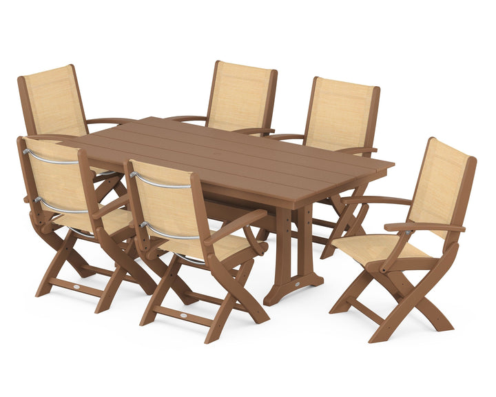 POLYWOOD® Coastal Folding Arm Chair 7-Piece Farmhouse Dining Set with Trestle Legs