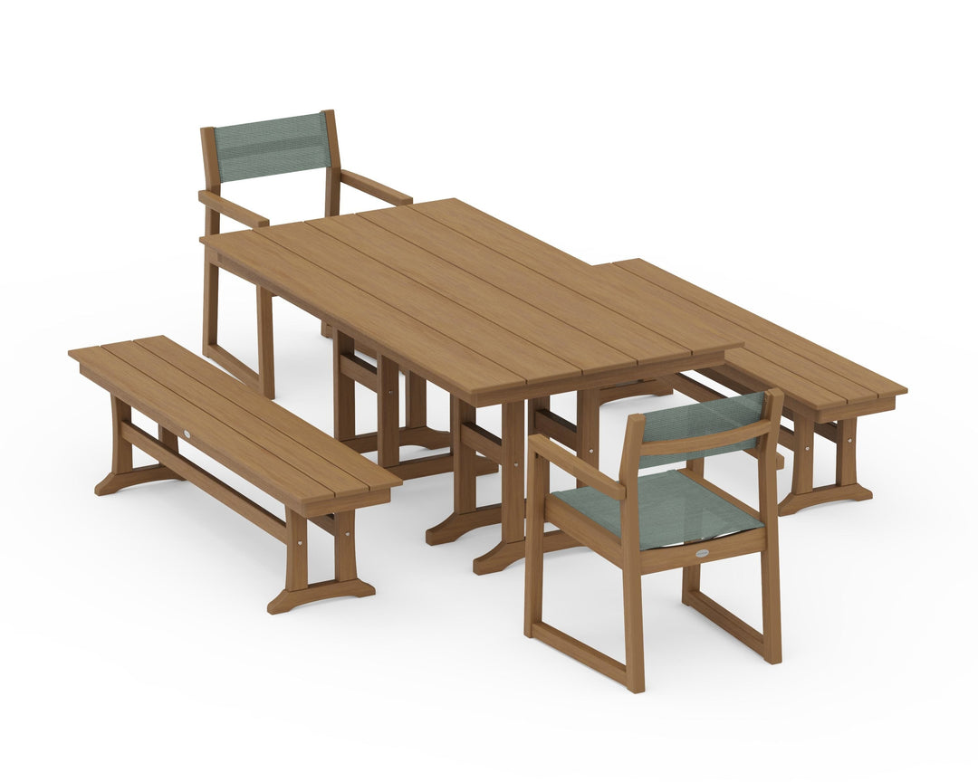 POLYWOOD® EDGE Sling Arm Chair 5-Piece Farmhouse Dining Set with Benches