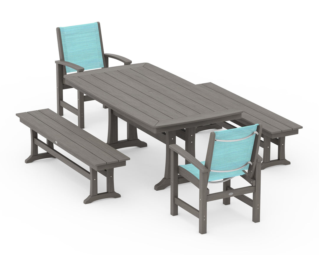 POLYWOOD® Coastal 5-Piece Dining Set with Trestle Legs and Benches