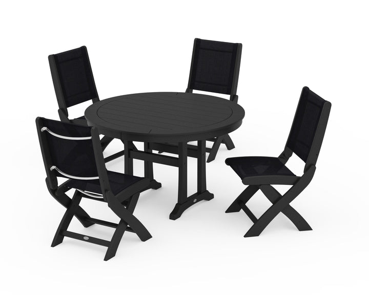 POLYWOOD® Coastal Folding Side Chair 5-Piece Round Dining Set With Trestle Legs
