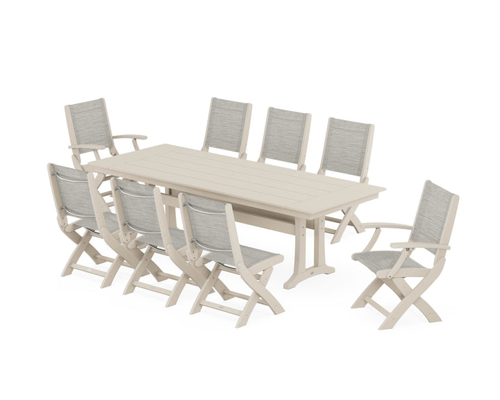POLYWOOD® Coastal 9-Piece Folding Dining Chair Farmhouse Dining Set with Trestle Legs