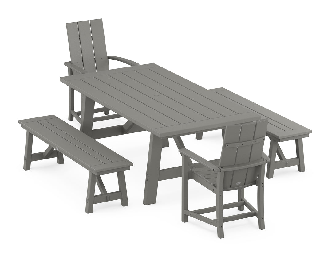 POLYWOOD® Modern Adirondack 5-Piece Rustic Farmhouse Dining Set With Benches