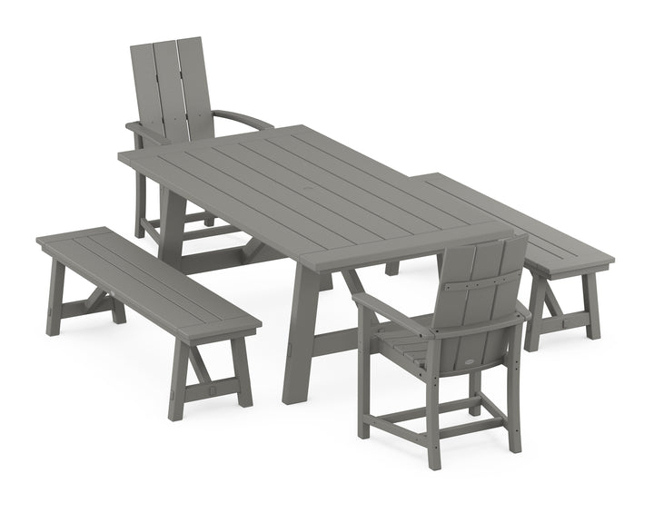 POLYWOOD® Modern Adirondack 5-Piece Rustic Farmhouse Dining Set With Benches