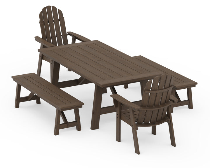 POLYWOOD® Vineyard Curveback Adirondack 5-Piece Rustic Farmhouse Dining Set With Benches