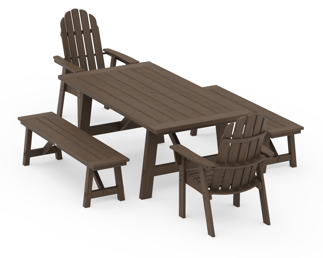 POLYWOOD® Vineyard Curveback Adirondack 5-Piece Rustic Farmhouse Dining Set With Benches
