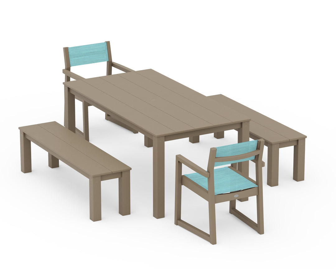 POLYWOOD® EDGE Sling Arm Chair 5-Piece Parsons Dining Set with Benches