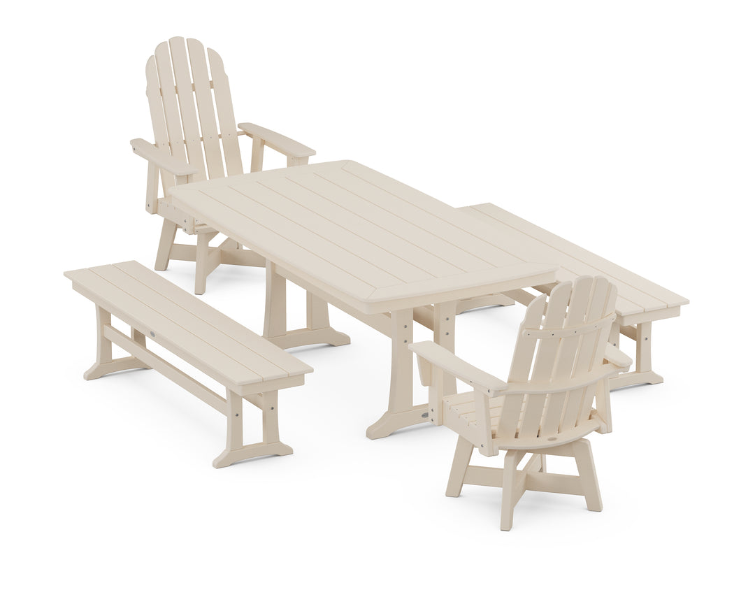 POLYWOOD® Vineyard Adirondack Swivel Chair 5-Piece Dining Set with Trestle Legs and Benches