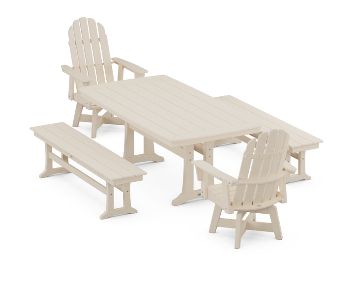 POLYWOOD® Vineyard Adirondack Swivel Chair 5-Piece Dining Set with Trestle Legs and Benches