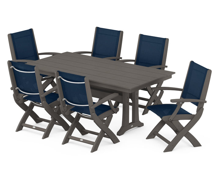 POLYWOOD® Coastal Folding Arm Chair 7-Piece Farmhouse Dining Set with Trestle Legs