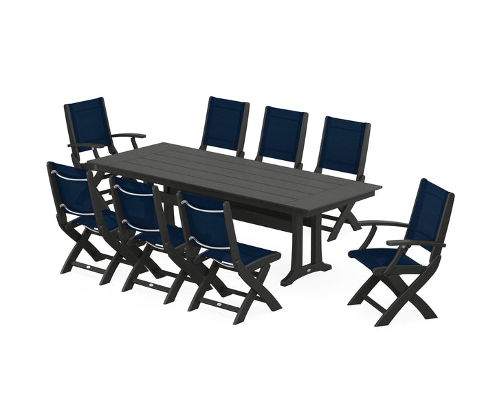 POLYWOOD® Coastal 9-Piece Folding Dining Chair Farmhouse Dining Set with Trestle Legs
