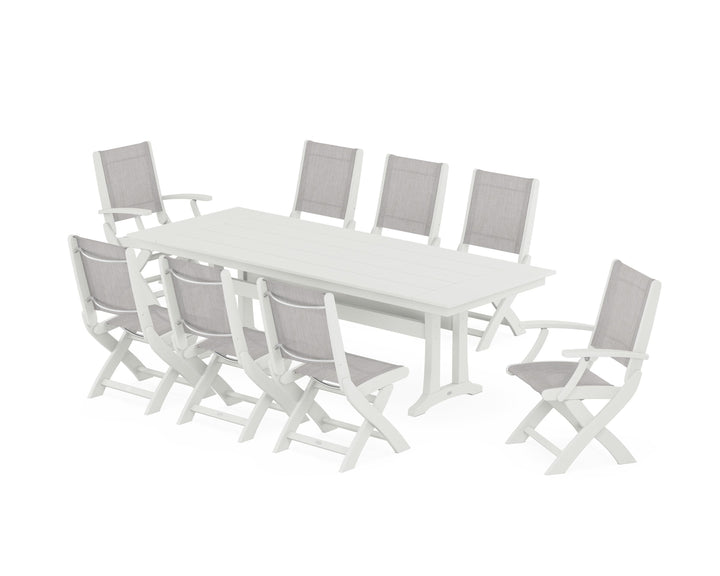 POLYWOOD® Coastal 9-Piece Folding Dining Chair Farmhouse Dining Set with Trestle Legs