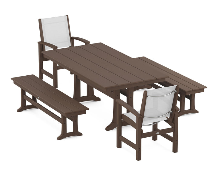 POLYWOOD® Coastal 5-Piece Farmhouse Dining Set with Trestle Legs and Benches
