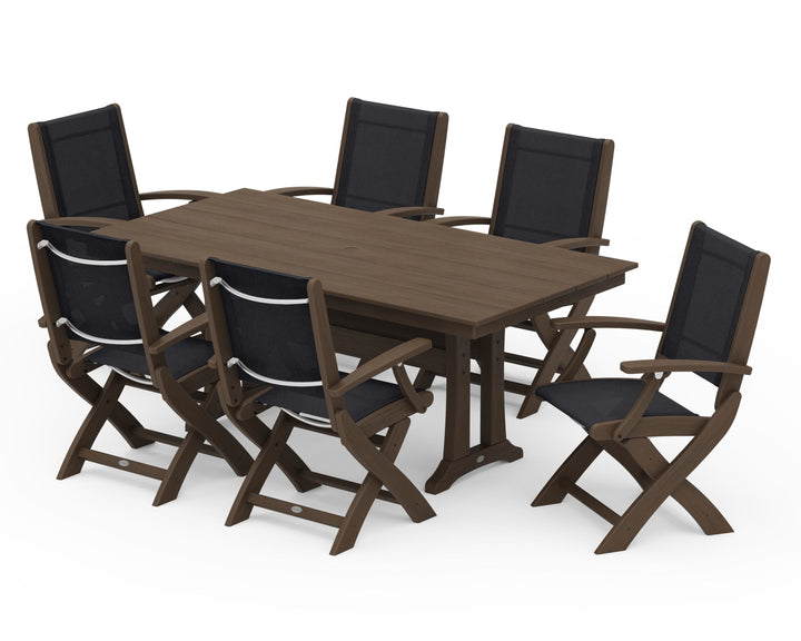 POLYWOOD® Coastal Folding Arm Chair 7-Piece Farmhouse Dining Set with Trestle Legs