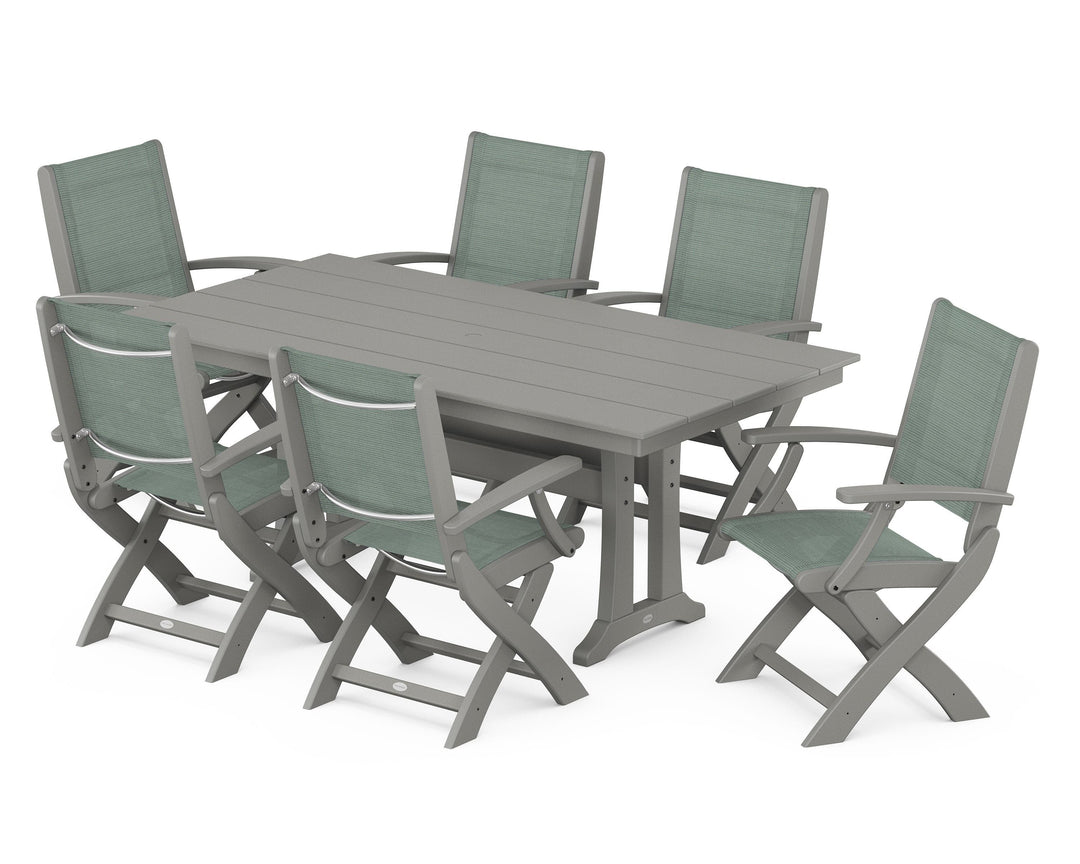 POLYWOOD® Coastal Folding Arm Chair 7-Piece Farmhouse Dining Set with Trestle Legs